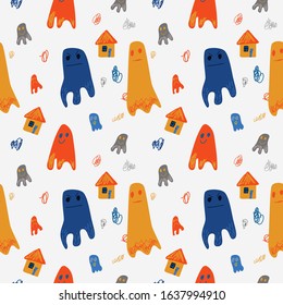 Seamless pattern with cute ghosts in doodle style. Vector illustration. Perfect for kids room decor, print and textile, wear