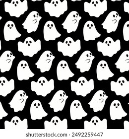 Seamless pattern with cute ghosts. Festive background for Halloween. Repeating print for fabric, wrapping paper, textile