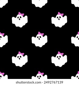 Seamless pattern with cute ghosts. Festive background for Halloween. Repeating print for fabric, wrapping paper, textile