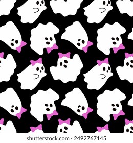 Seamless pattern with cute ghosts. Festive background for Halloween. Repeating print for fabric, wrapping paper, textile