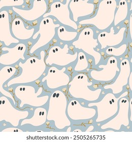 Seamless pattern with cute  ghosts and flowers for Halloween on blue background. Vector illustration	
