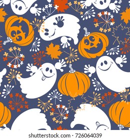 Seamless pattern with cute ghosts and fun pumpkins.  Halloween background.