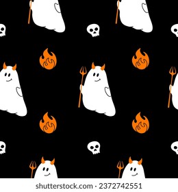 Seamless pattern with cute ghosts. Halloween spooky spirit in costume devil with flame and skull. Vector illustration on a black background. For fabric, t-shirt print, wallpaper, packaging
