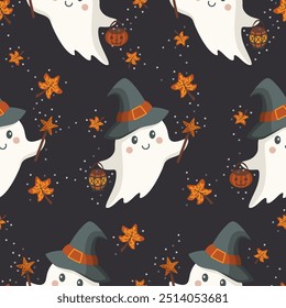 Seamless pattern with cute ghosts. Halloween theme. Little cute ghosts with witch hat, purse and lantern. Vector illustration.