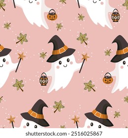Seamless pattern with cute ghosts. Halloween theme. Little cute ghosts with witch hat, purse and lantern. Vector illustration.