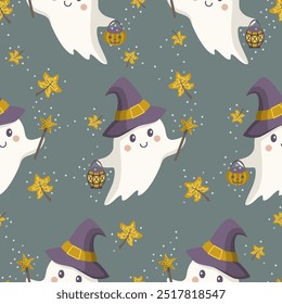 Seamless pattern with cute ghosts. Halloween theme. Little cute ghosts with witch hat, purse and lantern. Vector illustration.