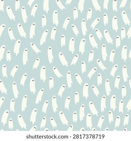 Seamless pattern with cute  ghosts  for Halloween on blue background. Vector illustration	
