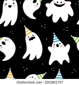 Seamless pattern with cute ghosts in holiday caps in cute cartoon doodle style on a black background. Vector illustration background.
