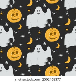 Seamless pattern with cute ghosts and jack o lantern pumpkin in flat hand drawn style on dark background. Funny textile or wrapping design of characters with different face expressions.