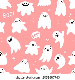 Seamless pattern with cute ghosts and lettering in cute cartoon doodle style on a pink background. Vector illustration background for halloween.