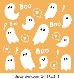 Seamless pattern with cute ghosts and lettering in cute cartoon doodle style on a orange background.