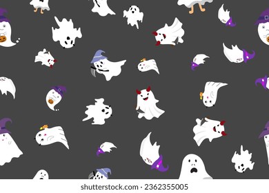 A seamless pattern cute ghosts black background  The ghosts are smiling laughing    they are surrounded by Halloween decorations 