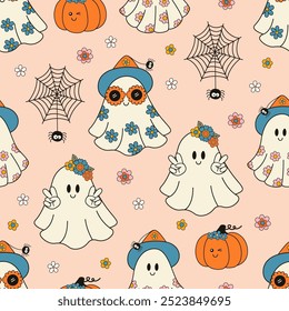 seamless pattern with cute cute ghosts, pumpkin, spider