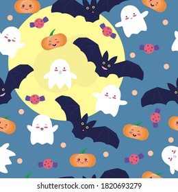 Seamless pattern with cute ghosts, pumpkins, bats on blue background. Halloween illustration. Pattern for paper, textile, game, web design. Moon. Vector illustration, eps 10