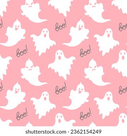 Seamless pattern, cute ghosts and the word boo on a pink background. Halloween print, background, textile, vector