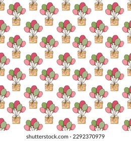 Seamless pattern with cute gift box character and balloons. Cartoon flat color vector illustration.