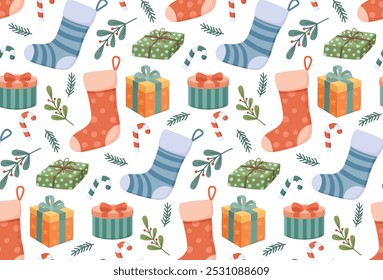 Padrão contínuo com caixas de presente bonitas, meias de Natal e plantas. Fundo colorido de objetos de feriado desenhados à mão