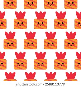 Seamless Pattern of Cute Gifts with Smiling Faces. Whimsical seamless pattern featuring cartoon faces with striped colors and red accents. Perfect for fun, cheerful designs.