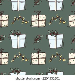Seamless pattern with cute  gifts. Vector cartoon wallpaper. background with cute winter elements.