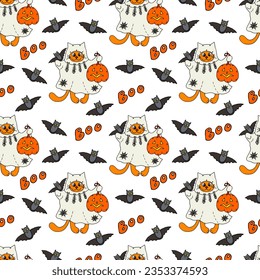 Seamless pattern cute ginger cartoon cat in a ghost costume with a pumpkin lantern and flying bats. Vector doodle Halloween background for packaging, textile, wallpaper