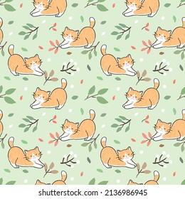 Seamless Pattern of Cute Ginger Cat and Leaf Design on Light Green Background