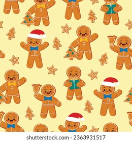 Seamless pattern with cute gingerbread character. Merry Christmas. Vector graphic.