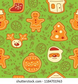 Seamless pattern with cute gingerbread cookies isolated on white background. Doodle style. Design element for wrapping paper, wallpaper or textile print.