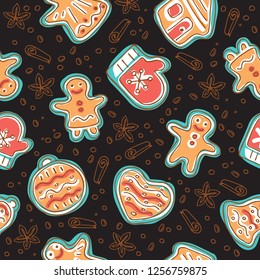 Seamless pattern with cute gingerbread cookies isolated on dark background. Doodle style. Design element for wrapping paper, wallpaper or textile print.