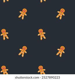 Seamless pattern of cute gingerbread cookies in a fun, festive style. Vector illustration with dark background, ideal for Christmas wrapping and holiday projects.