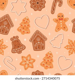 Seamless pattern with cute gingerbread cookies and cookie cutters. Holiday pastry. Design for banner, wallpaper, wrapping paper, background, card, poster. Vector illustration in flat style