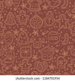 Seamless pattern with cute gingerbread cookiesand spices. Doodle style. Design element for wrapping paper, wallpaper or textile print.