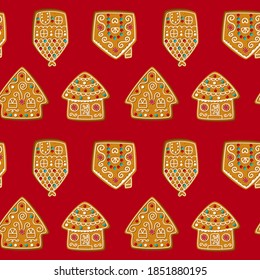 Seamless pattern with cute gingerbread houses. Christmas cookies on a red background. Vector