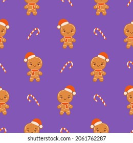 Seamless pattern of cute gingerbread mans with red Santa Claus hat and candies cane on purple background. Wrapper for christmas gifts. Vector flat illustration