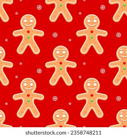 Seamless pattern, cute gingerbread men on a red background with snowflakes. Christmas print, textile, background, vector	
