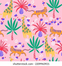 Patrón sin foco con tigres adorables, tigres y palmas vectoriales dibujando en forma de caricatura, doodle impreso para niños habitación, textil, tela, embalaje, papel pintado, cubierta.