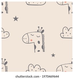 Seamless Pattern with cute giraffe bird and clouds. Hand drawn vector illustration. Can be used for t-shirt print, kids wear fashion design, baby shower invitation card.