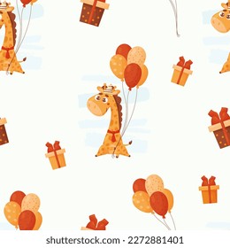 Seamless pattern with cute giraffe in birthday hat with balloons on white background with gifts. Vector illustration for kids collection, holiday decor, packaging, design, print, wallpaper.