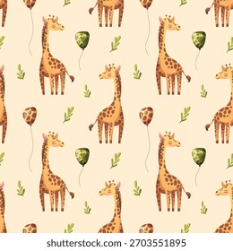 Seamless pattern with cute giraffe. Birthday concept. Vector illustration for scrapbooking, background, wrapping paper.	