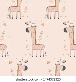 Seamless pattern with Cute Giraffe and butterflies. Hand drawn vector illustration.