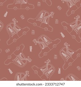 Seamless pattern with a cute giraffe carrying gifts in the car