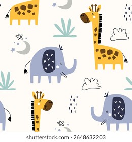 Seamless pattern with cute giraffe, cloud, crescent and weeds. Childish and playful style vector illustration for kids or baby apparel,  textile, bedding, wrapping paper, kindergarten and other