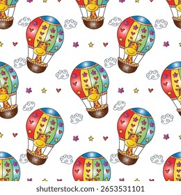 Seamless pattern with cute giraffe, and colorful hot air balloons. Vector illustration.