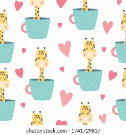 Seamless pattern with cute giraffe in a cup. Vector illustration design.