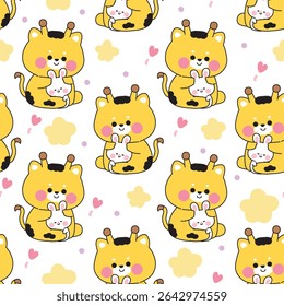 Seamless pattern of cute giraffe doll hug tiny rabbit bunny with star and heart background.Friend.Love.Wild and rodent animal character cartoon.Kawaii.Vector.Illustration.