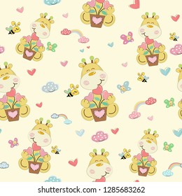 seamless pattern cute  giraffe and  heart flower pot,with bee,butterfly,cloud and pink heart,illustration vector comic art.