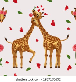 Seamless pattern with cute giraffe, leaf, a hearts. Pattern with wild animal for your design. 3d Vector illustration
