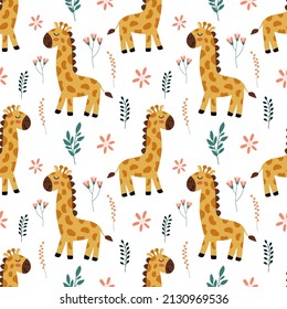 Seamless pattern with cute giraffe, leaves and flowers. Vector graphic on a white background. Hand drawing for cover design  phone cases,  t-shirt pillow prints, wrapping paper.