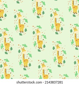 Seamless pattern with cute giraffe and leaves. Vector illustration