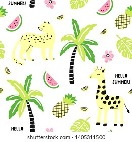 Seamless Pattern With Cute Giraffe And Leopard. Palm, Watermelon, Pineapple. Hello Summer.Creative Vector Childish Background For Fabric, Textile