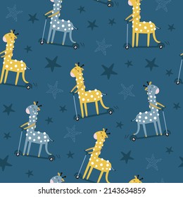 Seamless pattern with cute giraffe on a scooter. Kids print. Vector hand drawn illustration.